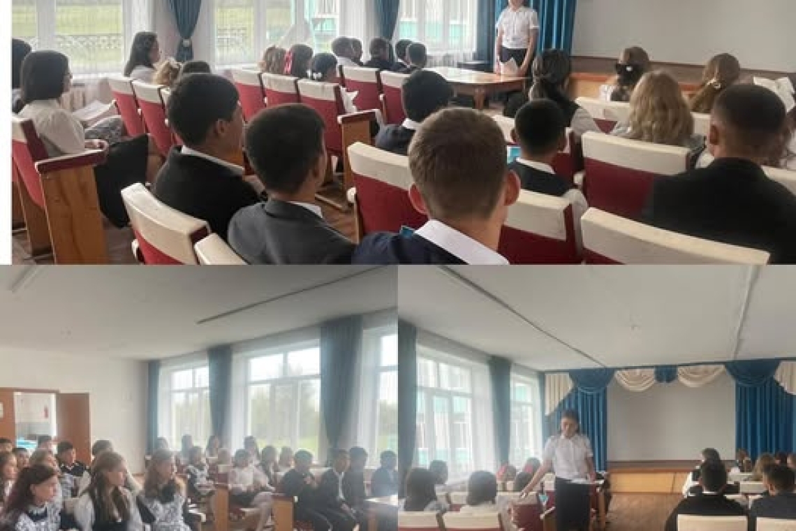 2 қыркүйек күні мектебіміздің 5-10 сынып оқушыларымен  аудандық полиция қызметкері аға лейтенант Д.Кажкенова жасөспірімдер арасындағы құқықбұзушылық, балалардың жолда жүру ережесі, терроризм, интернет -алаяқтық туралы әңгіме жүргізді.